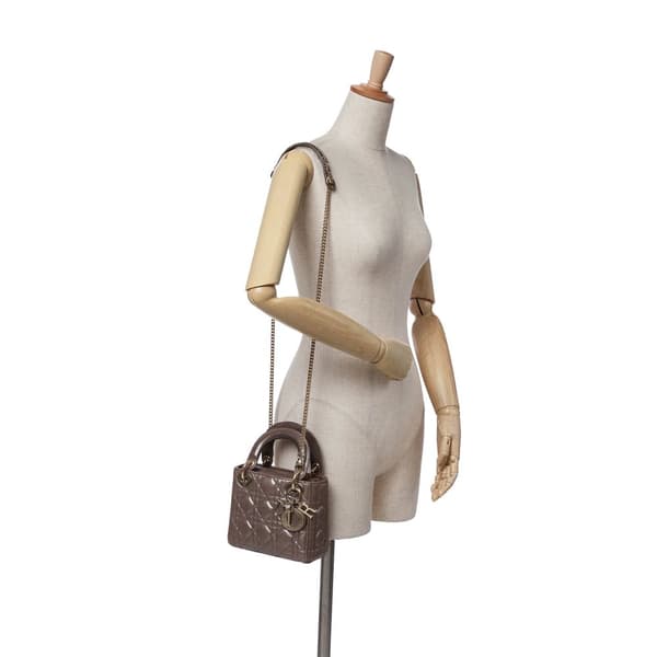 Pre-owned Dior Mini Metallic Calfskin Cannage Lady Dior Brown