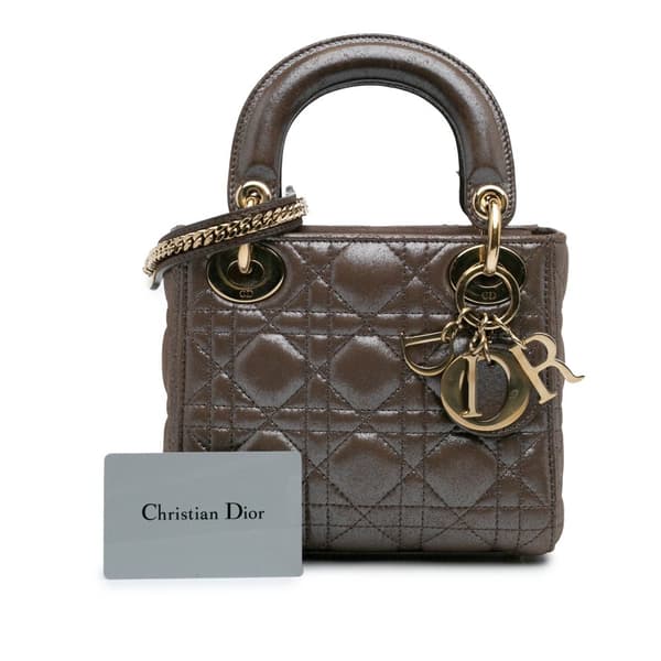 Pre-owned Dior Mini Metallic Calfskin Cannage Lady Dior Brown