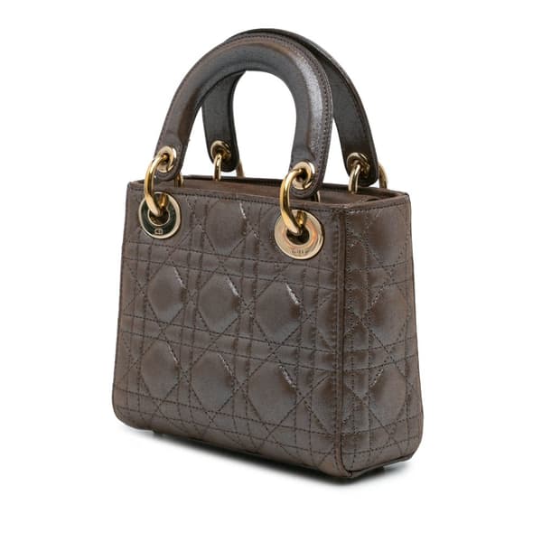 Pre-owned Dior Mini Metallic Calfskin Cannage Lady Dior Brown