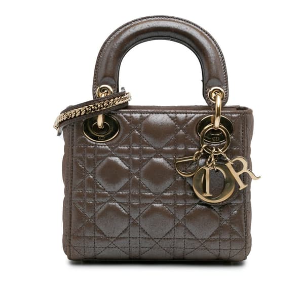 Pre-owned Dior Mini Metallic Calfskin Cannage Lady Dior Brown