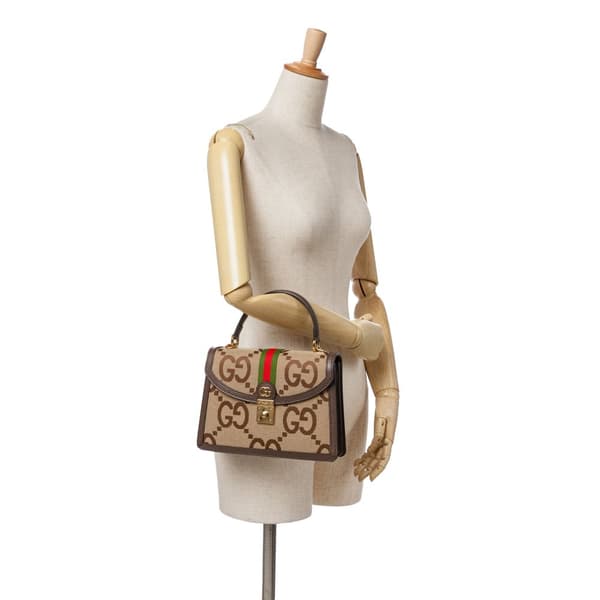 Pre-owned Gucci Small Jumbo GG Canvas Web Ophidia Top Handle Flap Brown