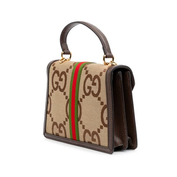 Pre-owned Gucci Small Jumbo GG Canvas Web Ophidia Top Handle Flap Brown