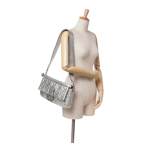 Pre-owned Fendi Large Zucca Embossed Baguette Satchel Silver