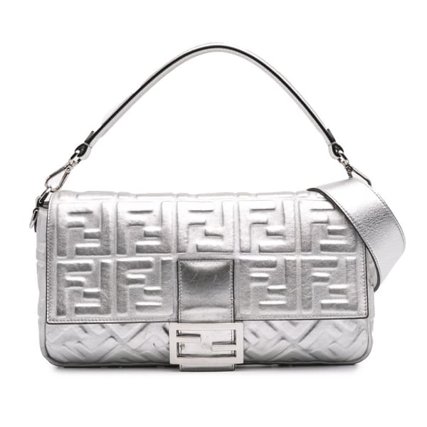 Pre-owned Fendi Large Zucca Embossed Baguette Satchel Silver