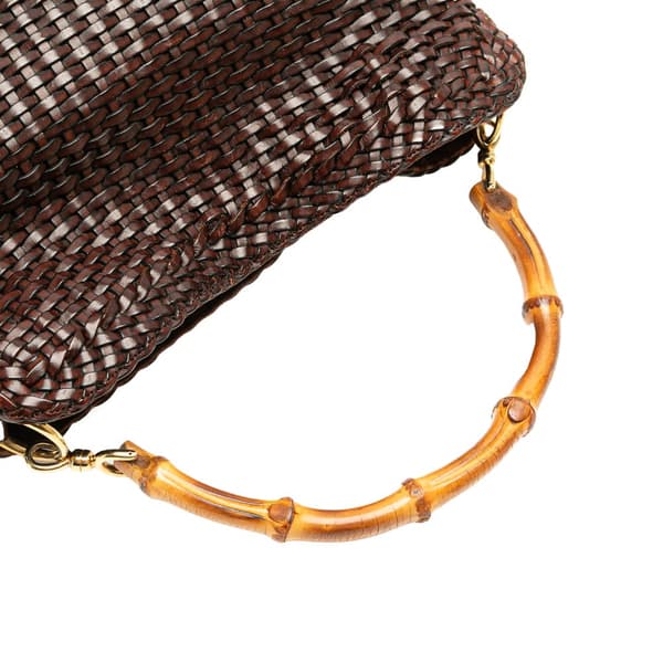 Pre-owned Gucci Woven Leather Bamboo Satchel Brown