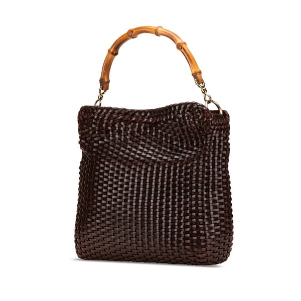 Pre-owned Gucci Woven Leather Bamboo Satchel Brown