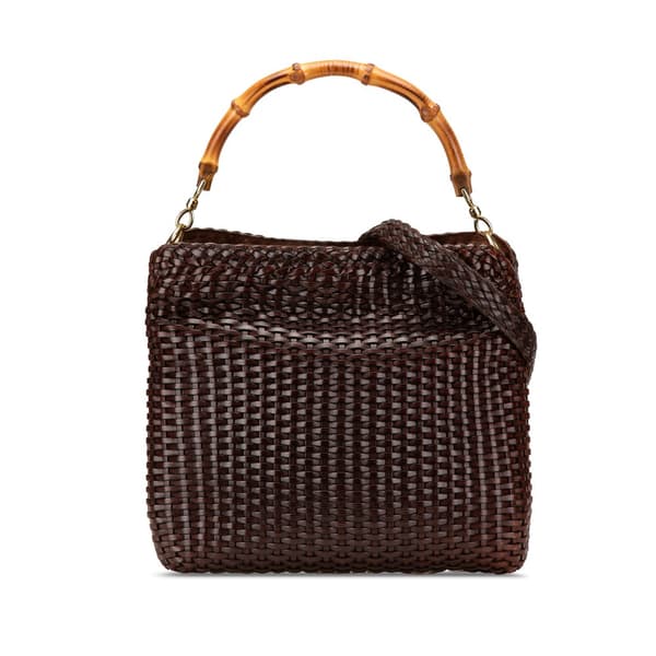Pre-owned Gucci Woven Leather Bamboo Satchel Brown