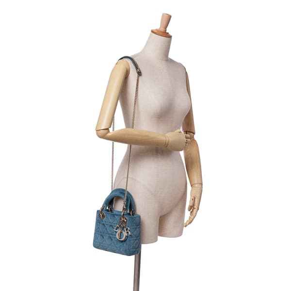 Pre-owned Dior Mini Velvet Cannage Lady Dior Blue