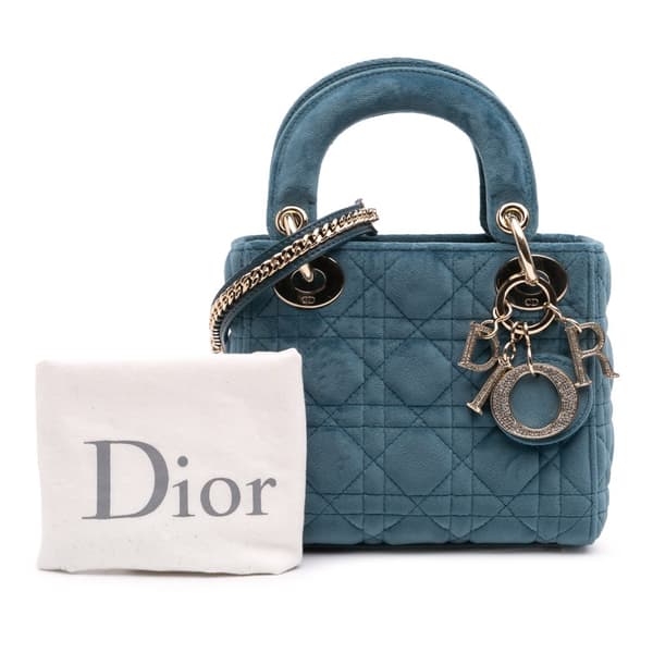 Pre-owned Dior Mini Velvet Cannage Lady Dior Blue