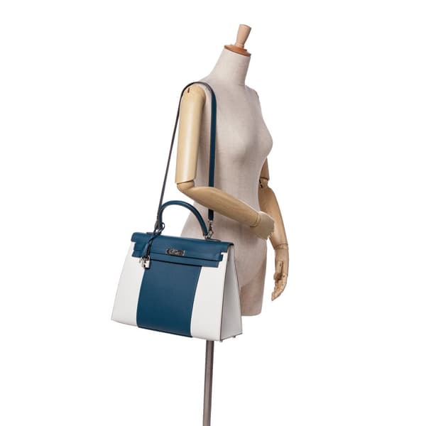 Pre-owned Hermès Bicolor Epsom Kelly Flag Sellier 35 Blue