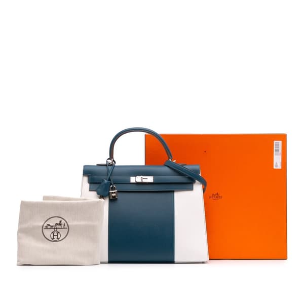 Pre-owned Hermès Bicolor Epsom Kelly Flag Sellier 35 Blue