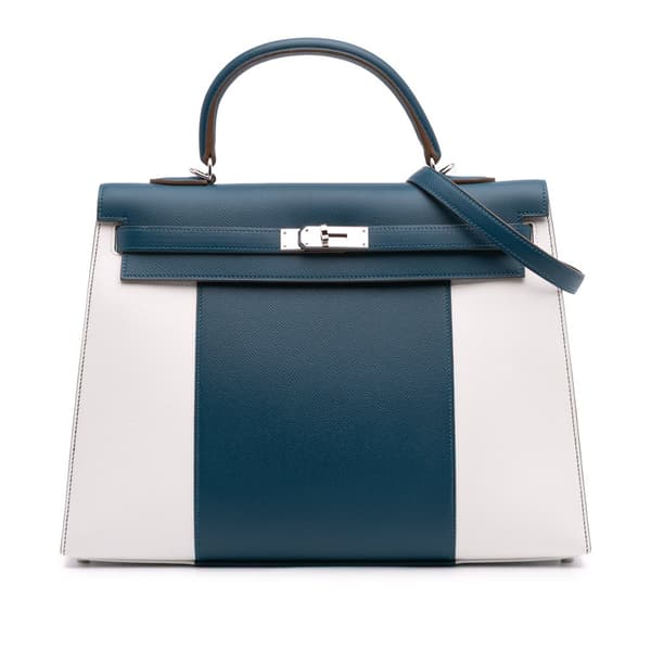 Pre-owned Hermès Bicolor Epsom Kelly Flag Sellier 35 Blue
