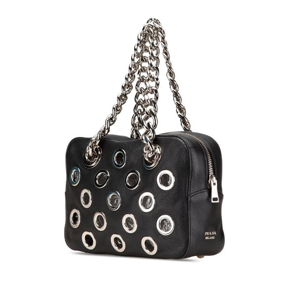Pre-owned Prada Vitello Daino Grommet Chain Handbag Black