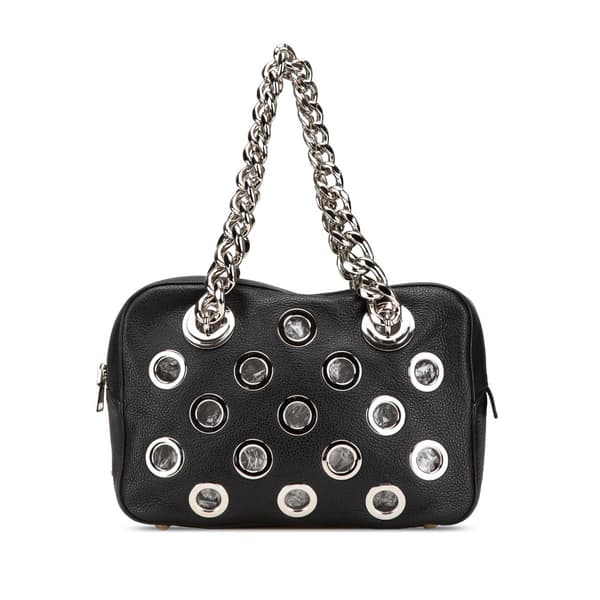 Pre-owned Prada Vitello Daino Grommet Chain Handbag Black