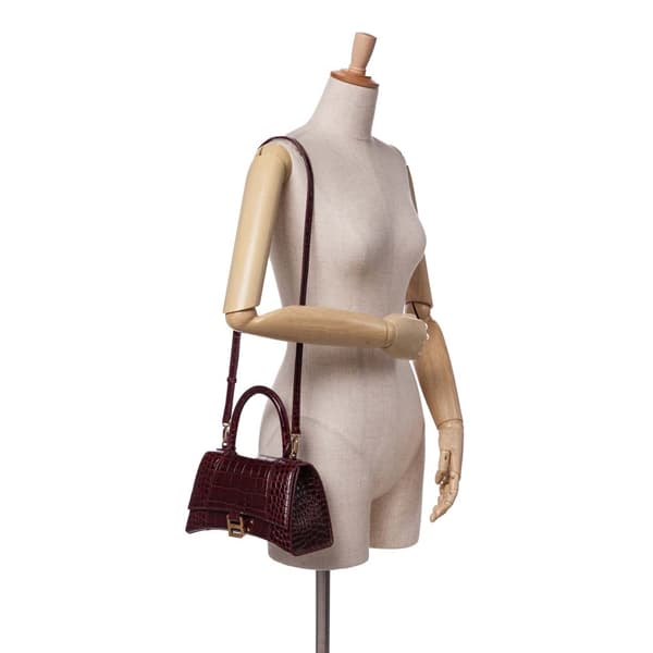 Pre-owned Balenciaga Small Croc Embossed Hourglass Top Handle Bag Red