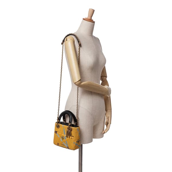 Pre-owned Dior Mini Embroidered Canvas Swords Lady Dior Yellow