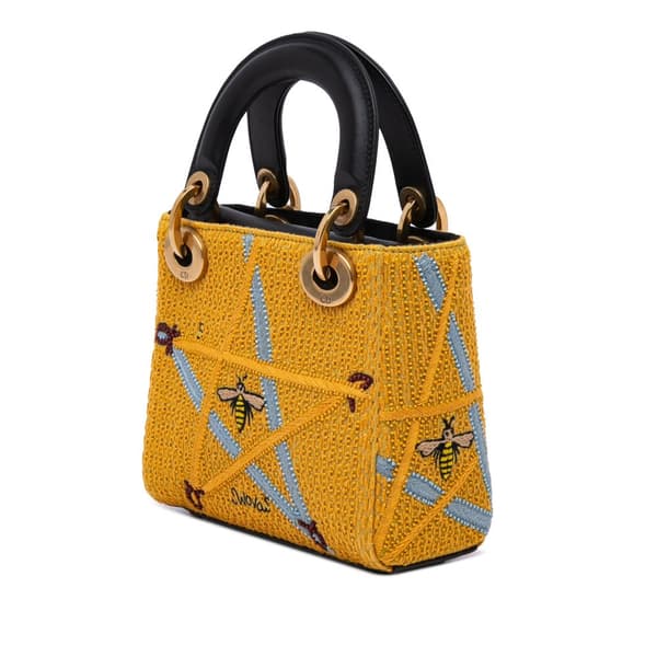 Pre-owned Dior Mini Embroidered Canvas Swords Lady Dior Yellow
