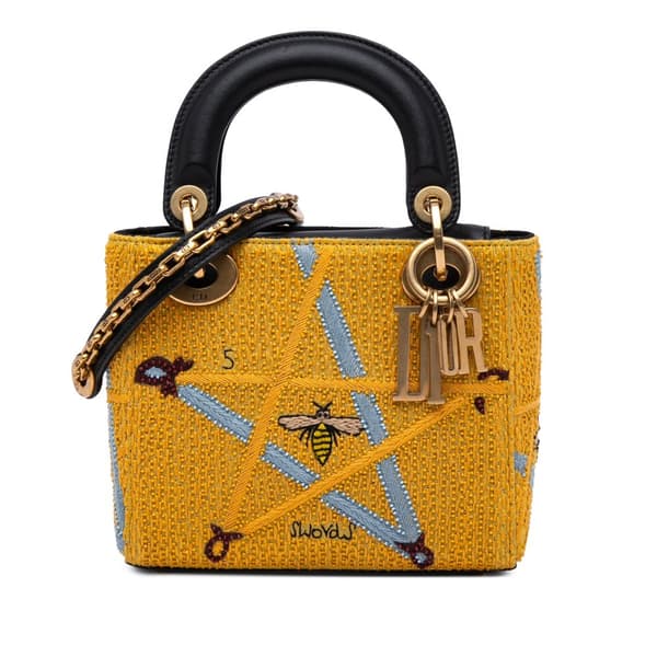 Pre-owned Dior Mini Embroidered Canvas Swords Lady Dior Yellow