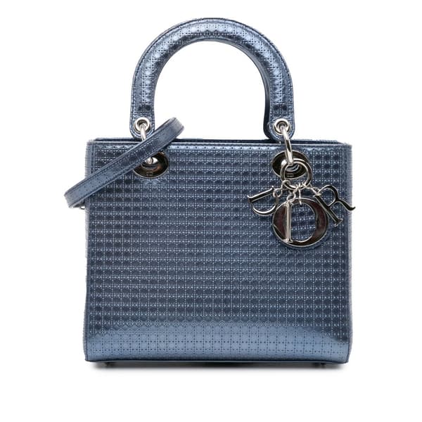 Pre-owned Dior Medium Patent Microcannage Lady Dior Blue