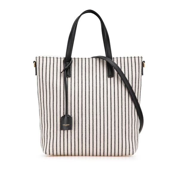 Pre-owned Saint Laurent Toy Striped Canvas North South Shopping Tote Gray