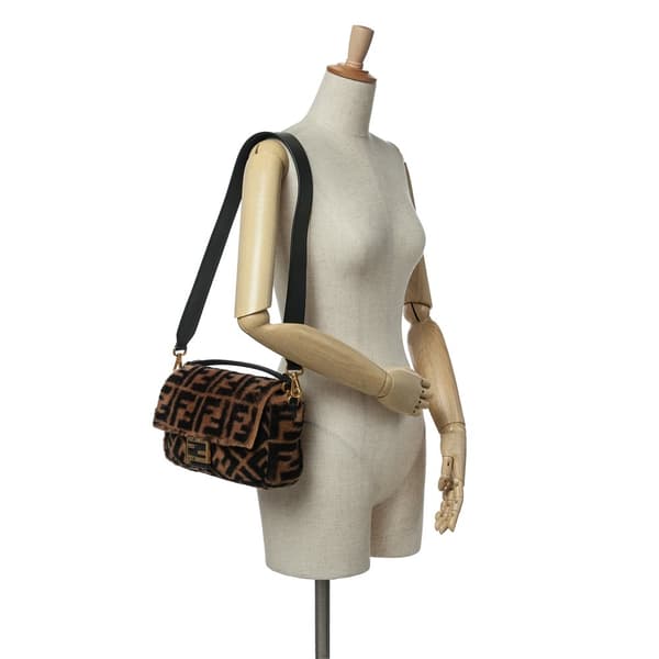 Pre-owned Fendi Medium Zucca Shearling Baguette Satchel Brown