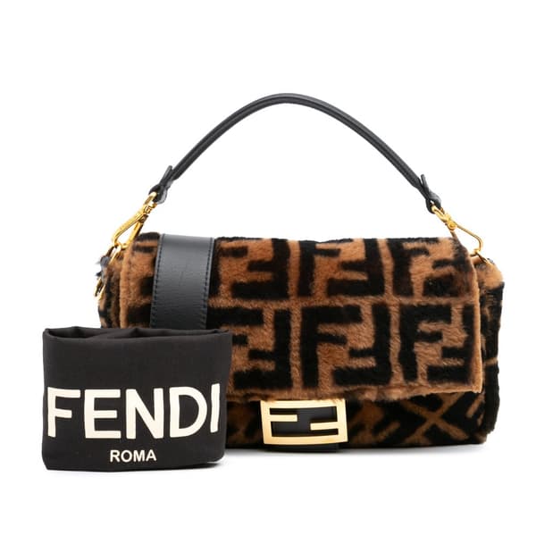Pre-owned Fendi Medium Zucca Shearling Baguette Satchel Brown
