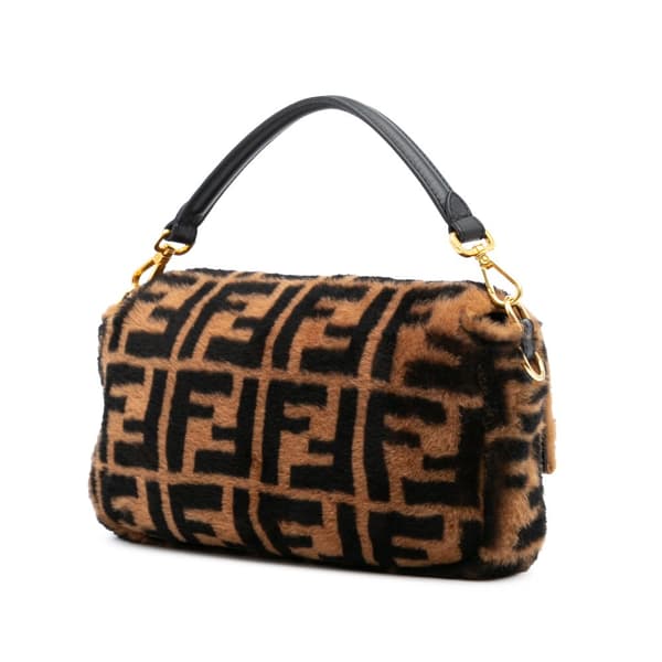 Pre-owned Fendi Medium Zucca Shearling Baguette Satchel Brown