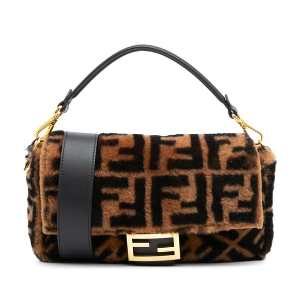 Pre-owned Fendi Medium Zucca Shearling Baguette Satchel Brown