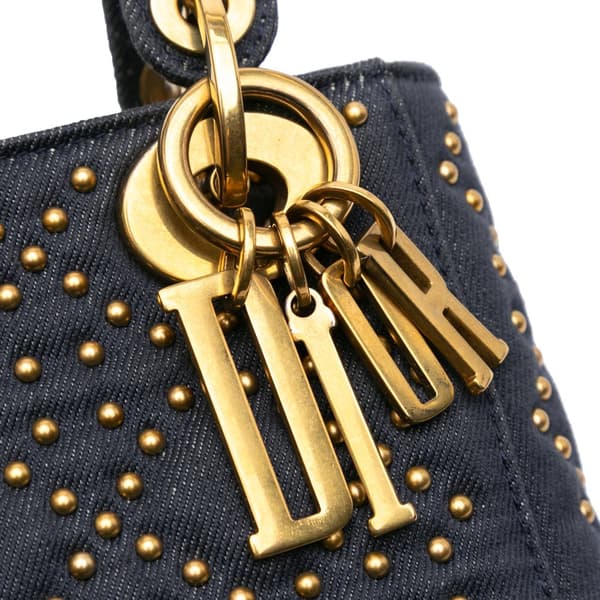 Pre-owned Dior Mini Denim Cannage Studded Supple Lady Dior Blue