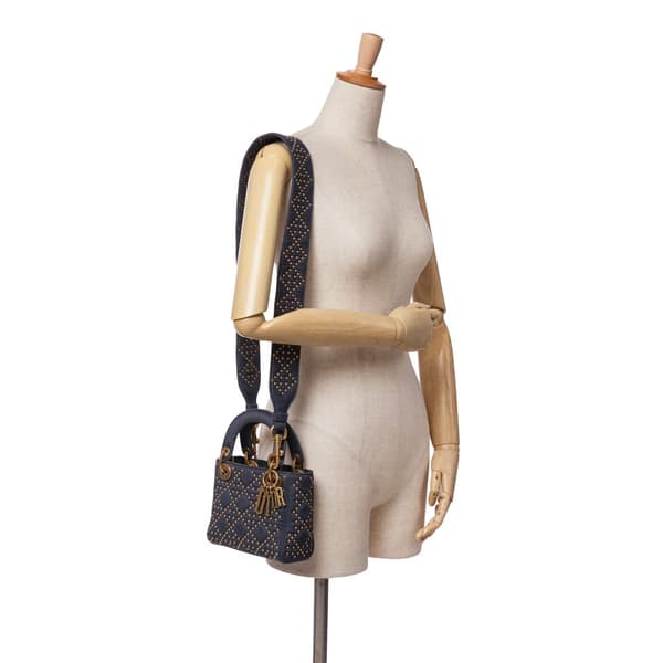 Pre-owned Dior Mini Denim Cannage Studded Supple Lady Dior Blue
