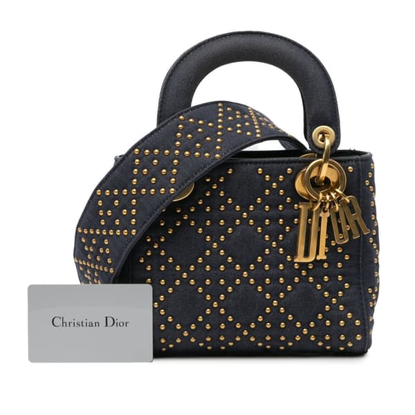 Pre-owned Dior Mini Denim Cannage Studded Supple Lady Dior Blue