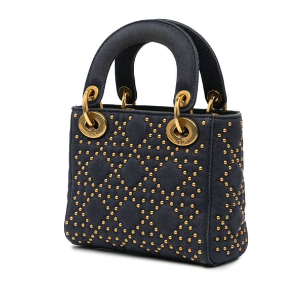 Pre-owned Dior Mini Denim Cannage Studded Supple Lady Dior Blue