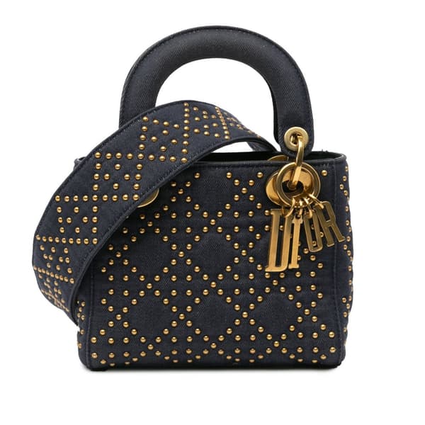 Pre-owned Dior Mini Denim Cannage Studded Supple Lady Dior Blue