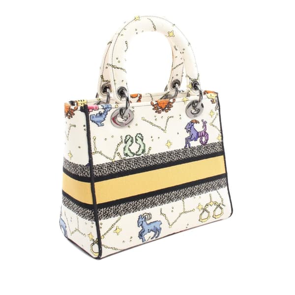 Pre-owned Dior Medium Embroidered Canvas Pixel Zodiac Lady D Lite White