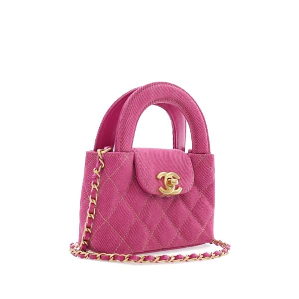 Pre-owned Chanel Nano Quilted Denim Kelly Shopper Bag Pink