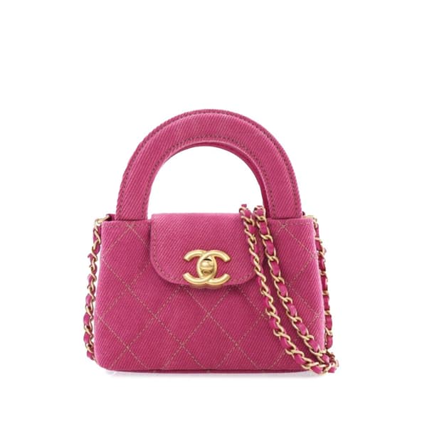 Pre-owned Chanel Nano Quilted Denim Kelly Shopper Bag Pink