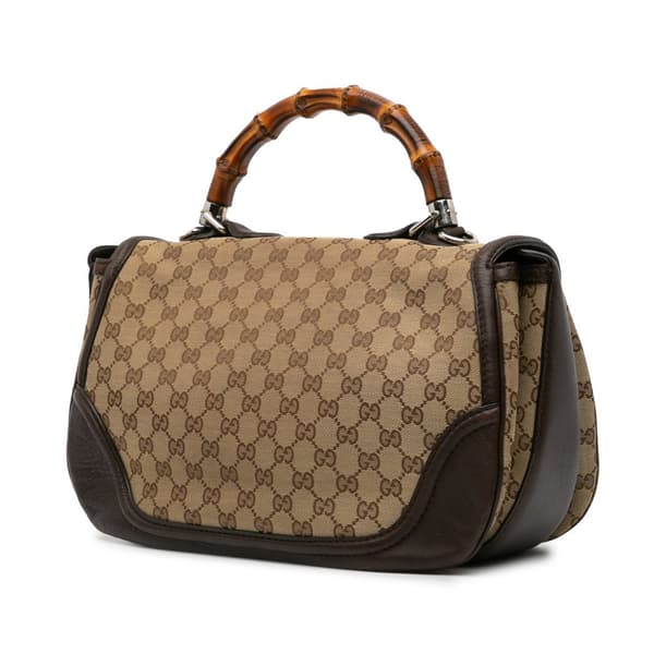 Pre-owned Gucci Large GG Canvas Bamboo Satchel Brown