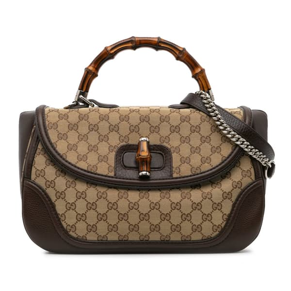 Pre-owned Gucci Large GG Canvas Bamboo Satchel Brown