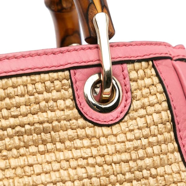 Pre-owned Gucci Small Raffia Bamboo Shopper Satchel Brown