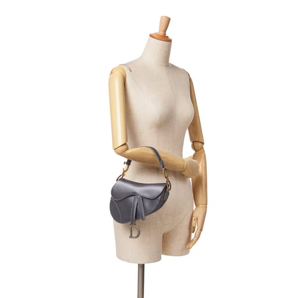 Pre-owned Dior Mini Satin Crystal Embellished Saddle Gray