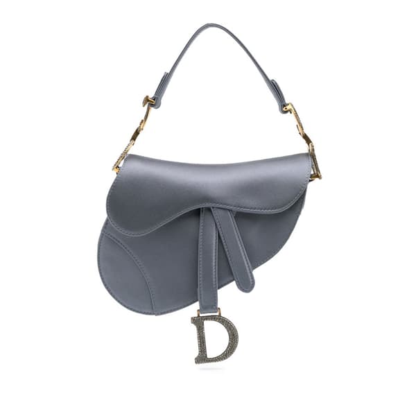Pre-owned Dior Mini Satin Crystal Embellished Saddle Gray