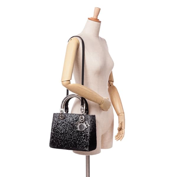 Pre-owned Dior Medium Fabric Lame Lady Dior Black