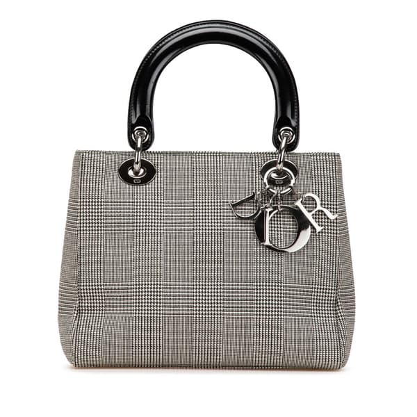 Pre-owned Dior Medium Canvas Houndstooth Lady Dior Gray