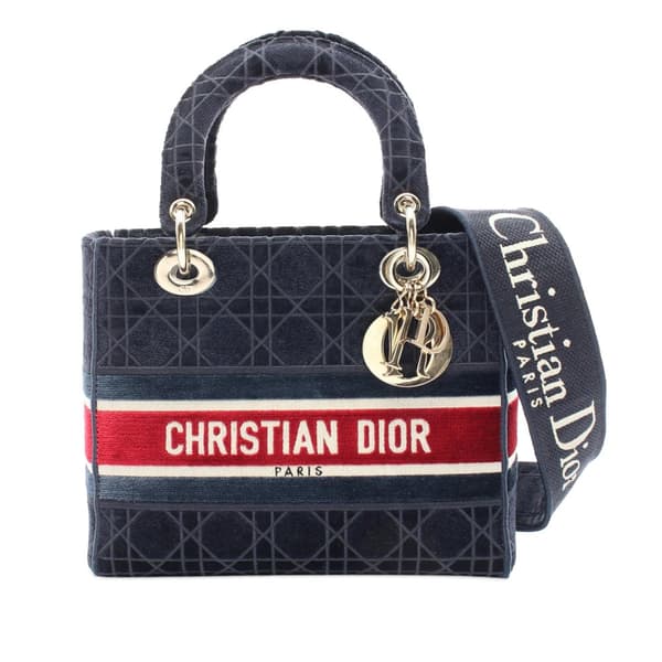 Pre-owned Dior Medium Velvet Cannage Lady D Lite Blue