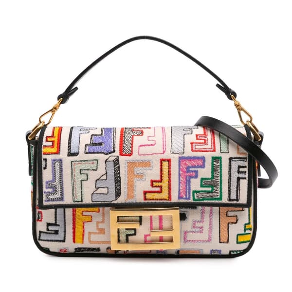 Pre-owned Fendi Chinese Valentines Day Mini Zucca Embroidered Canvas Baguette Satchel Brown