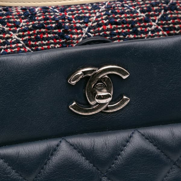Pre-owned Chanel Small Quilted Calfskin and Tweed Top Handle Tote Blue