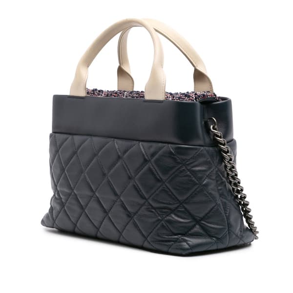Pre-owned Chanel Small Quilted Calfskin and Tweed Top Handle Tote Blue
