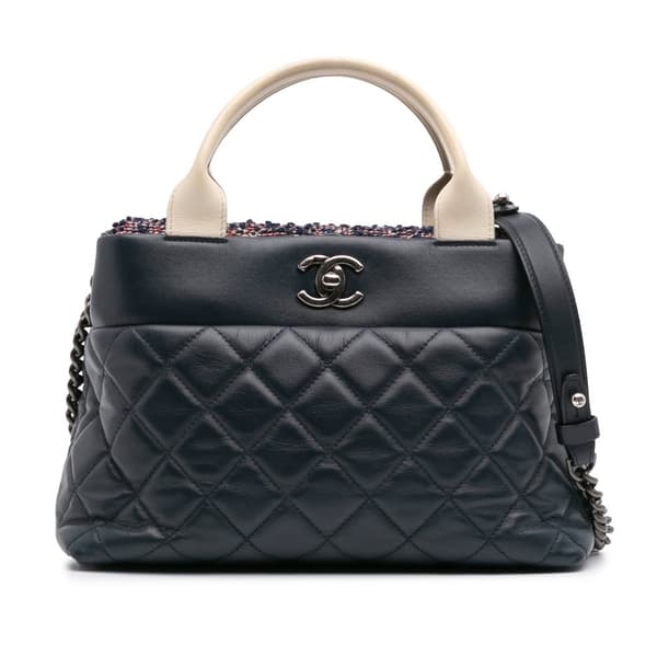 Pre-owned Chanel Small Quilted Calfskin and Tweed Top Handle Tote Blue