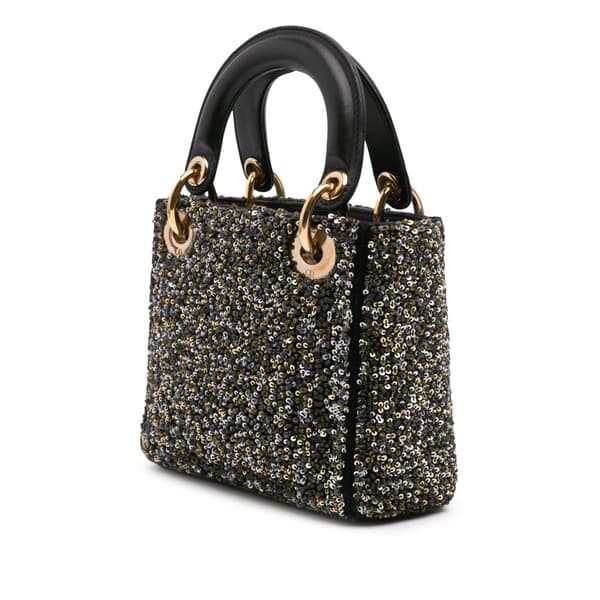 Pre-owned Dior Mini Satin Sequin Embroidered Lady Dior Black