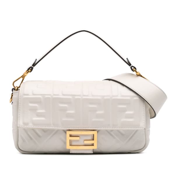 Pre-owned Fendi Zucca Embossed Leather Baguette Satchel White